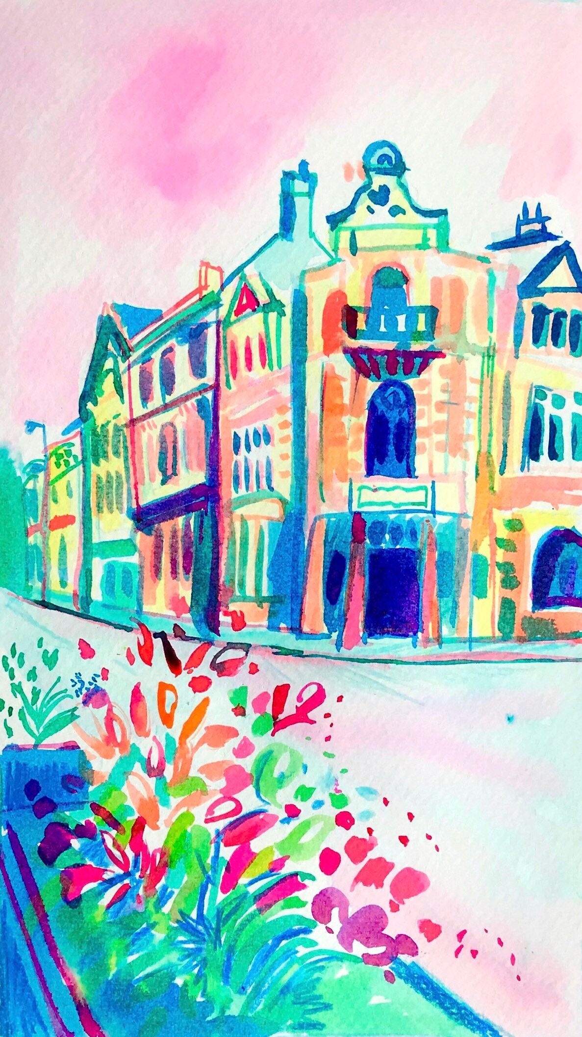 Custom water colour ink painting, landscape art, custom original painting, custom house painting, house portrait colourful